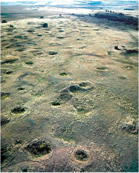 Рис. 1. Каргалы. вид на селище позднебронзового века Горный. Хороню различимы устья древних засыпанных шахт.