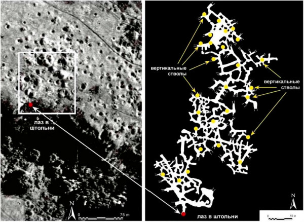 Рис. 3. 1. Аэрофотоснимок небольшого участка горных разработок Каргалов; прямоугольник, очерченный белыми линиями, ограничивает участок в 1 гектар; 2. «Лабиринт» подземных выработок в пределах оконтуренного участка — общая длина проходок здесь достигает 1,5 км.