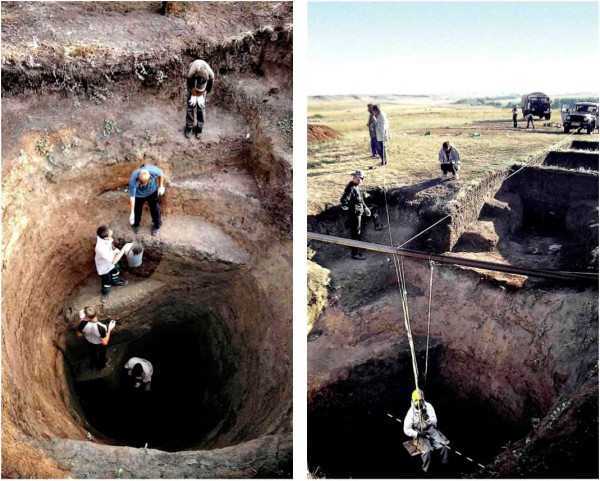 Рис. 7. Селище Горный. 1. Расчистка древней (II тыс. до н.э.) засыпанной шахты; 2. Спуск в расчищенную шахту; ее глубина достигала 12 м.